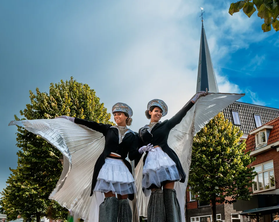 Steltlopers met witte vleugels voor een kerk