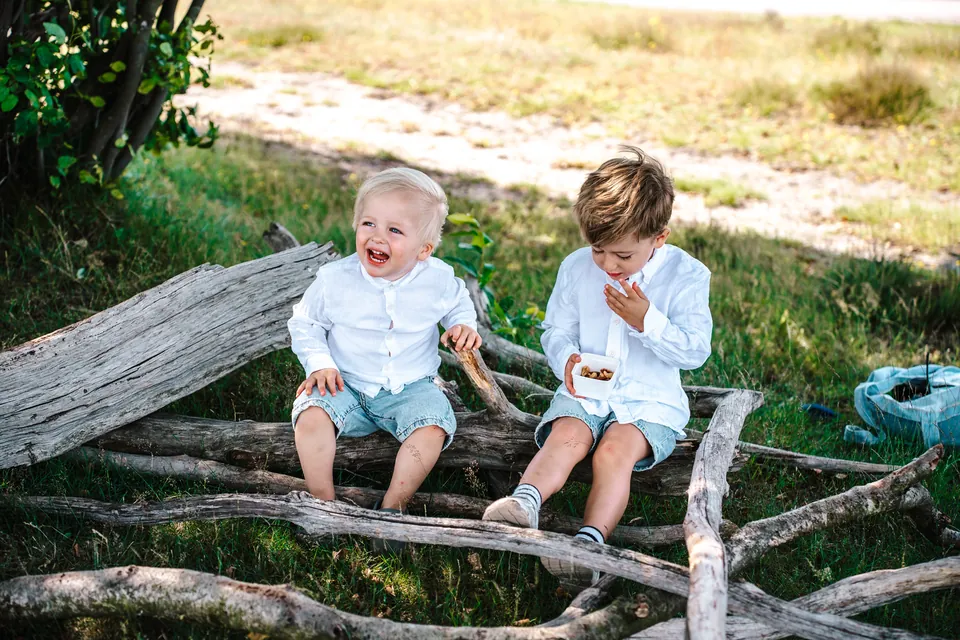 Twee lachende broertjes op een boomstam